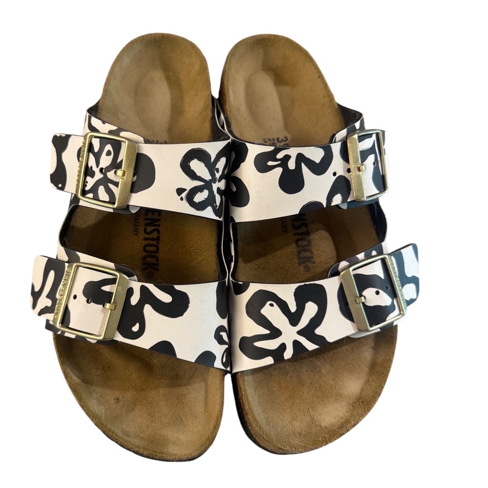 Birkenstock Arizona Sandals Black White Floral Print Buckle Slides Womens 39 L8